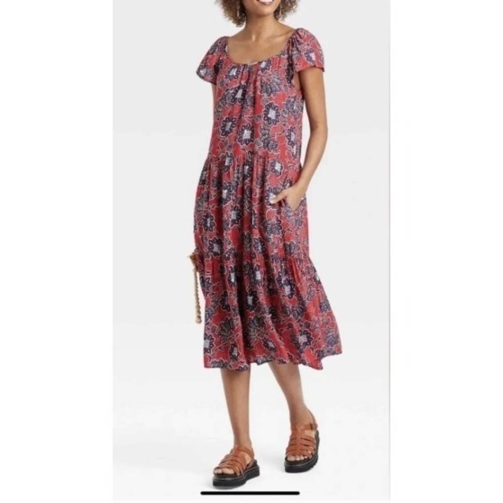Knox Rose Womens Midi Dress Floral Tiered Boho M Cottagecore Woodblock Festival